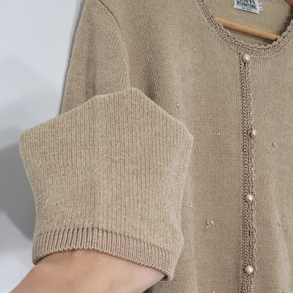 Vintage Coquette MOFFI Tan Brown Embroidered Floral Button Knit Cardigan Crochet - Picture 3 of 14